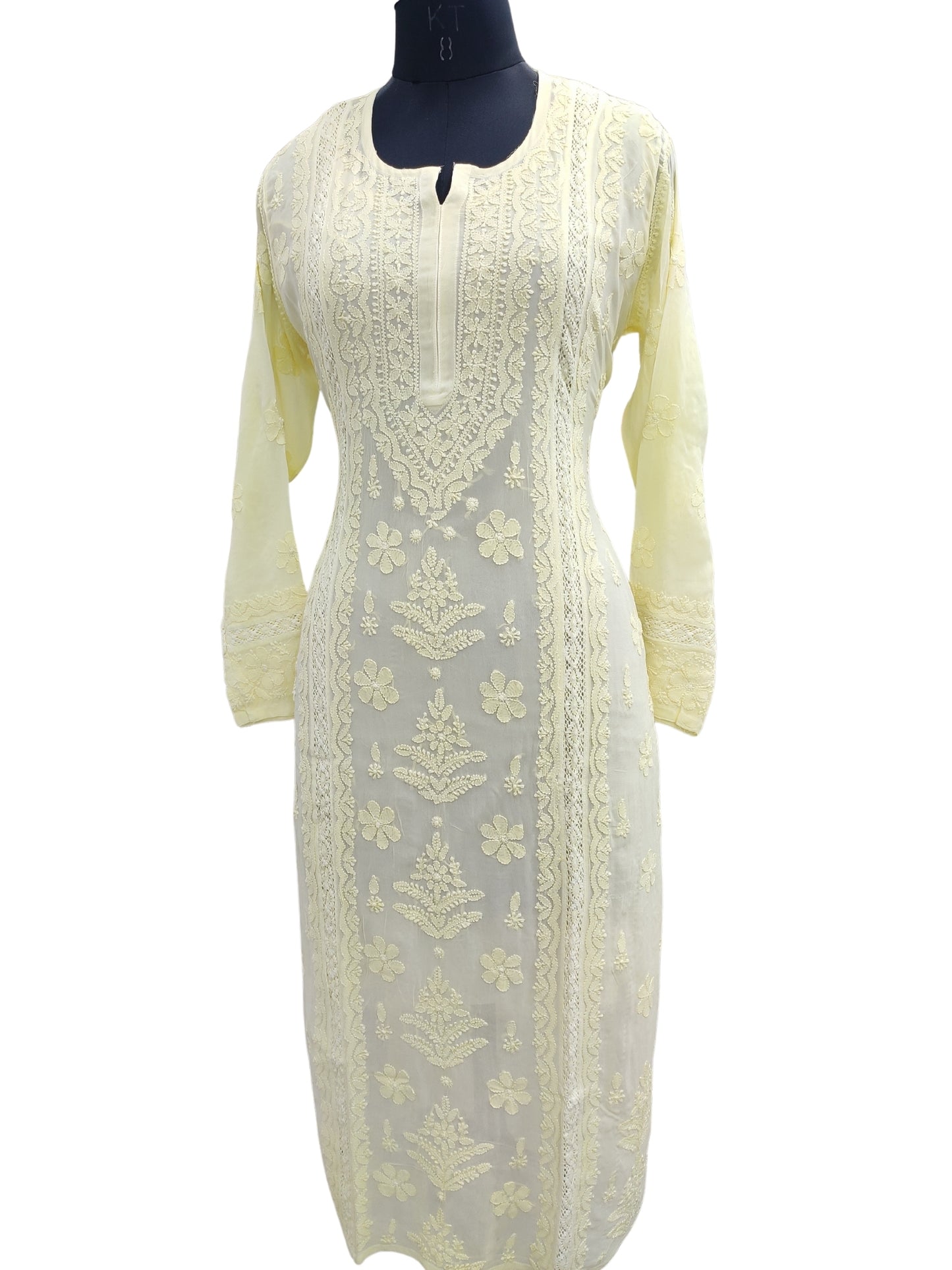 Shyamal Chikan Hand Embroidered Yellow Viscose Georgette Lucknowi Chikankari Kurti With Crosia Work  - 23853