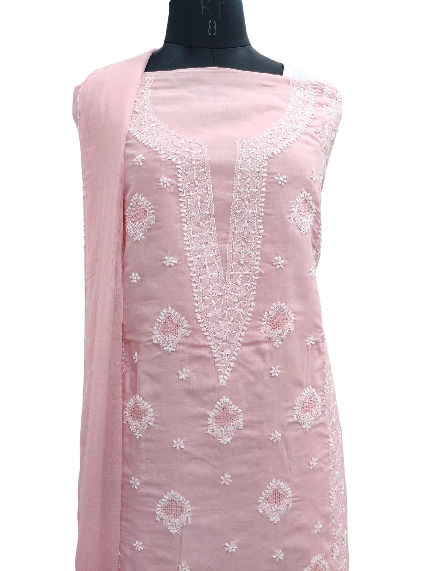 Shyamal Chikan Hand Embroidered Pink Cotton Lucknowi Chikankari Unstitched Suit Piece With Jaali Work - S25044