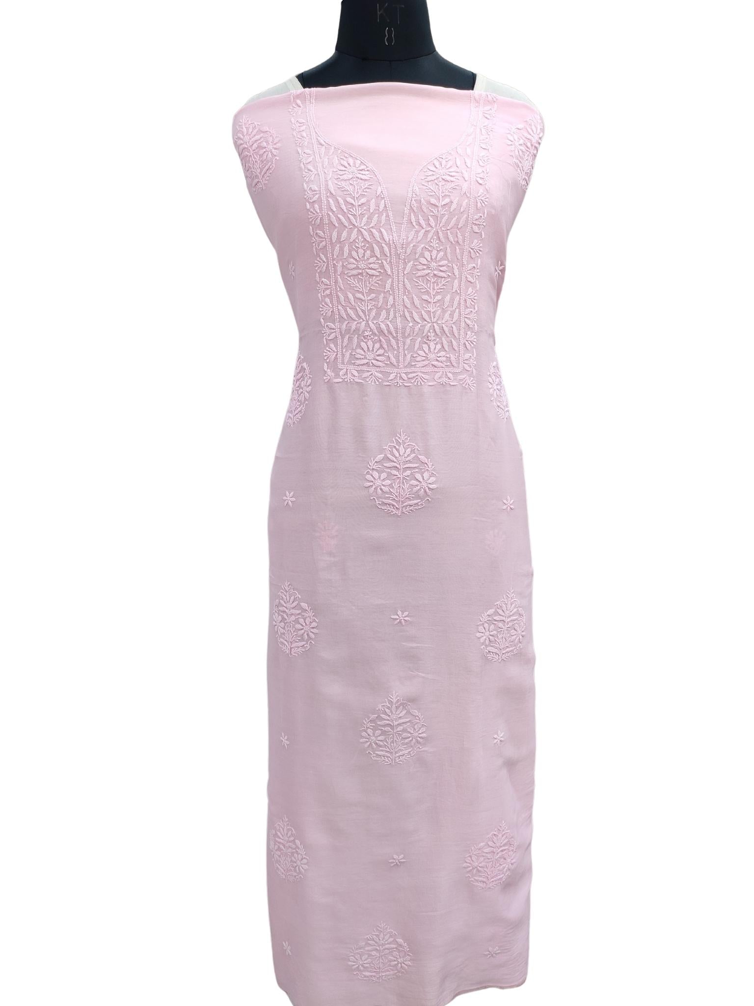 Shyamal Chikan Hand Embroidered Pink Chanderi Silk Lucknowi Chikankari Unstitched Kurta Piece - S18898