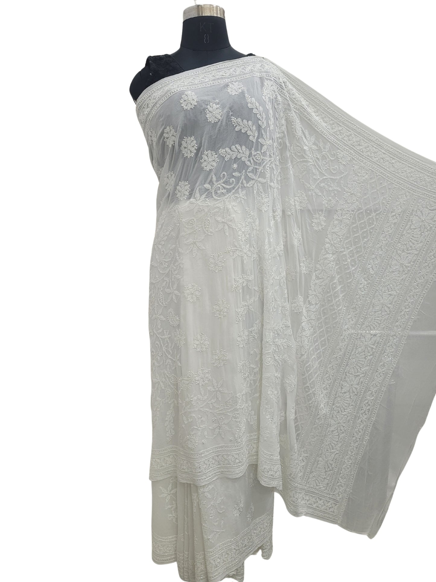 Shyamal Chikan Hand Embroidered White HQ Viscose Georgette Lucknowi Chikankari Saree With Blouse Piece With Cutdana Work- S25219