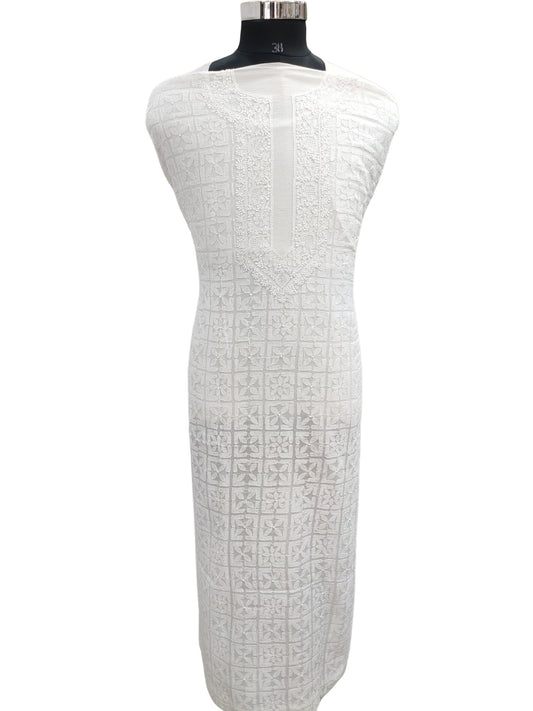 Shyamal Chikan Hand Embroidered White Mul Chanderi Lucknowi Chikankari Unstitched Men's Kurta Piece – S26489