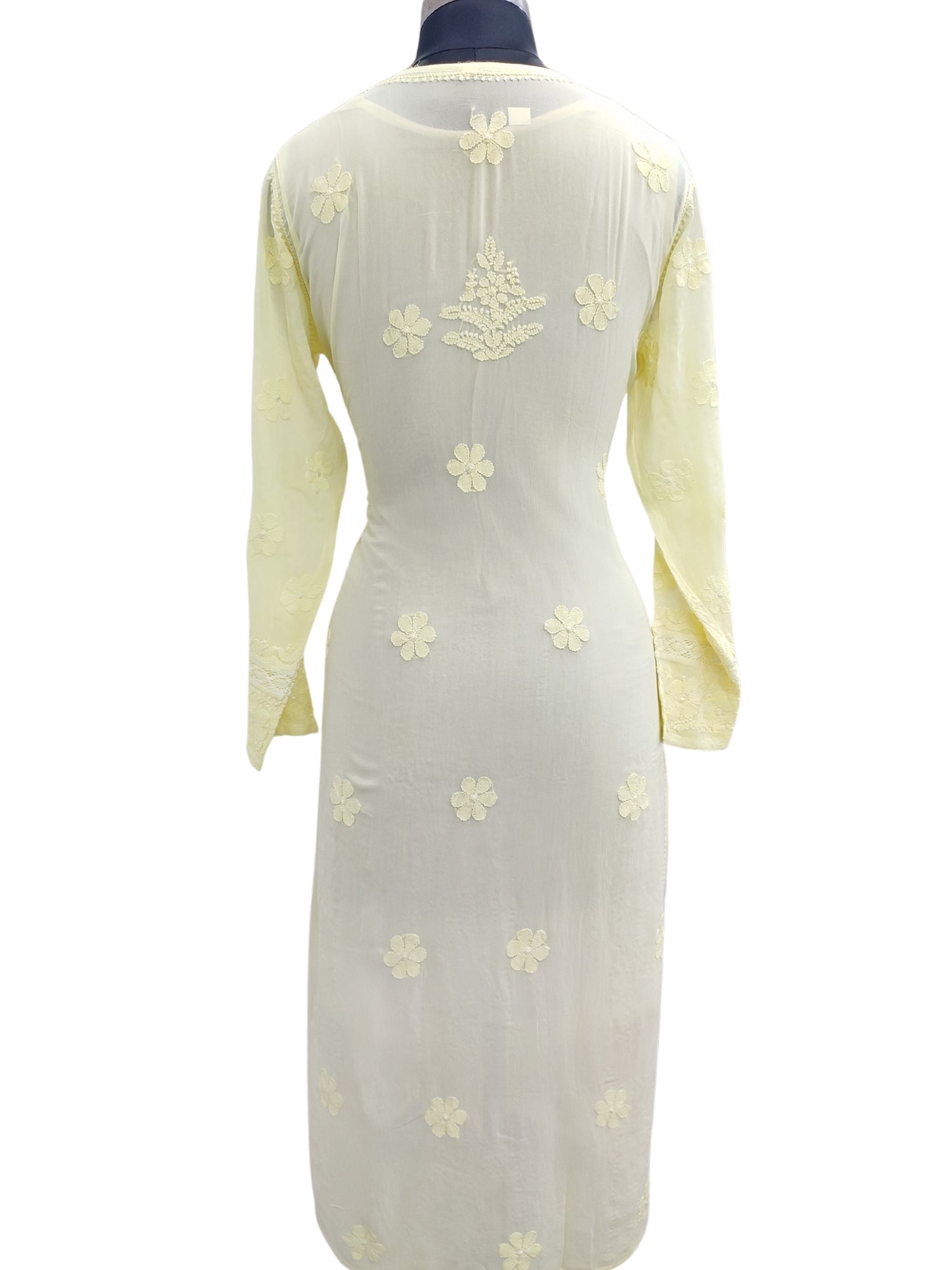 Shyamal Chikan Hand Embroidered Yellow Viscose Georgette Lucknowi Chikankari Kurti With Crosia Work  - 23853