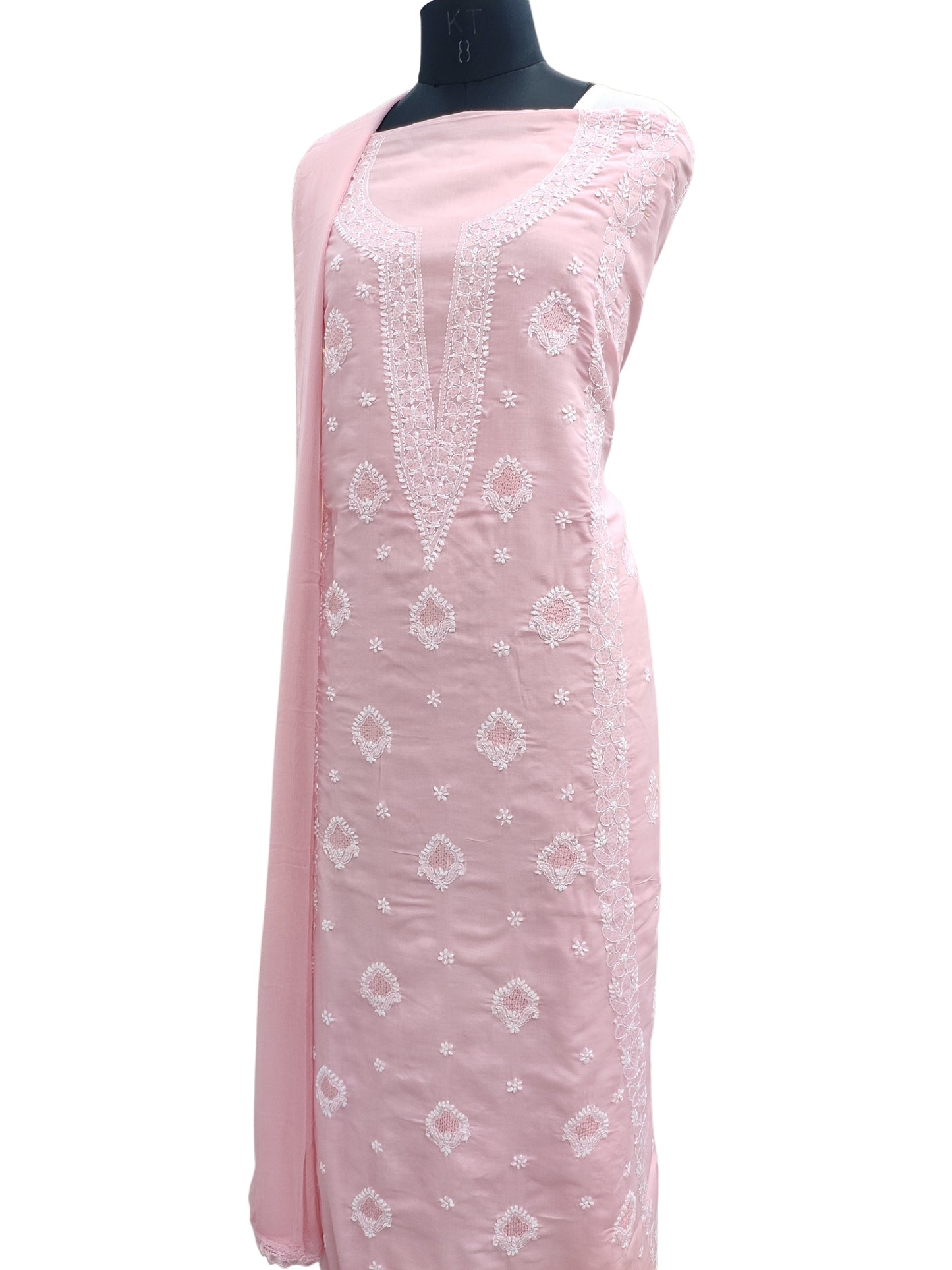 Shyamal Chikan Hand Embroidered Pink Cotton Lucknowi Chikankari Unstitched Suit Piece With Jaali Work - S25044