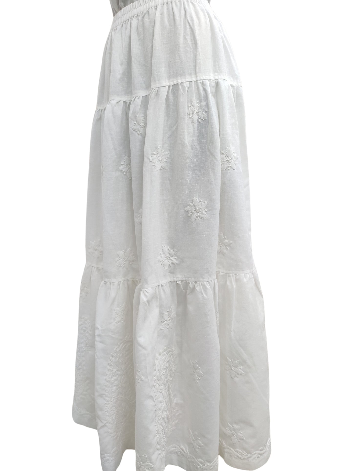 Shyamal Chikan Hand Embroidered White Lenin Cotton Lucknowi Chikankari Women's Skirt– 1159