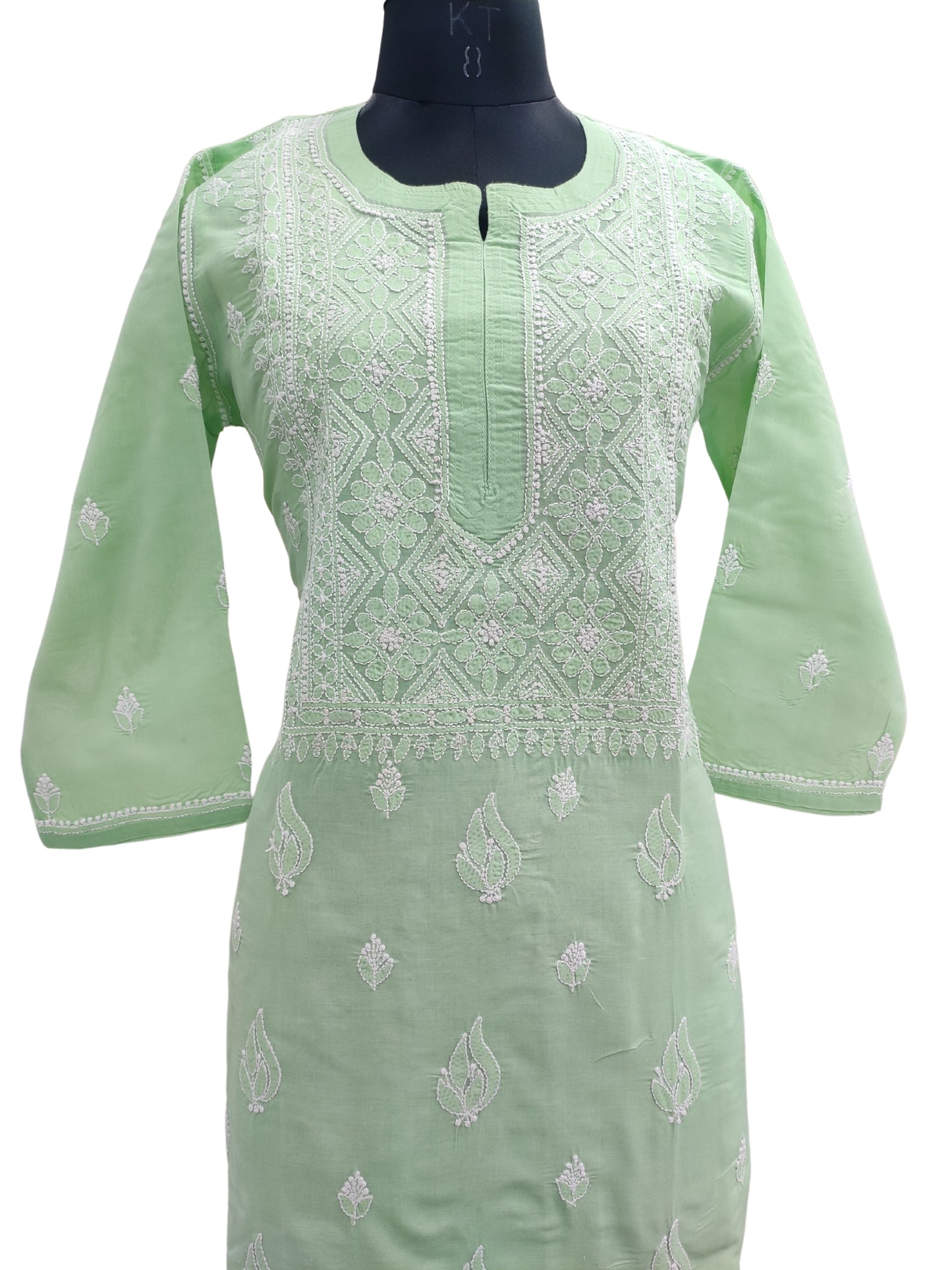 Shyamal Chikan Hand Embroidered Green Cotton Lucknowi Chikankari Kurti- 24080