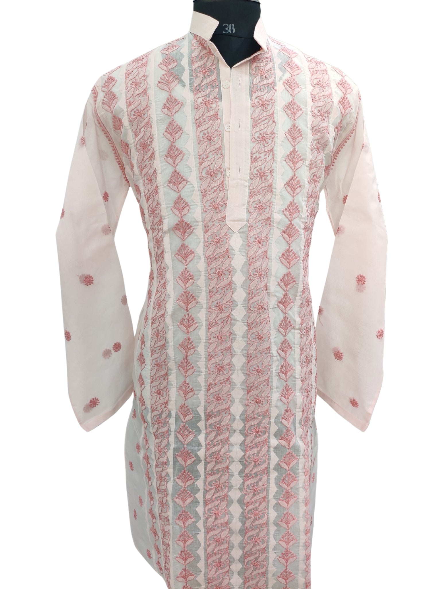 Shyamal Chikan Hand Embroidered Peach Cotton Lucknowi Chikankari Men's Kurta With Daraz Work S23454