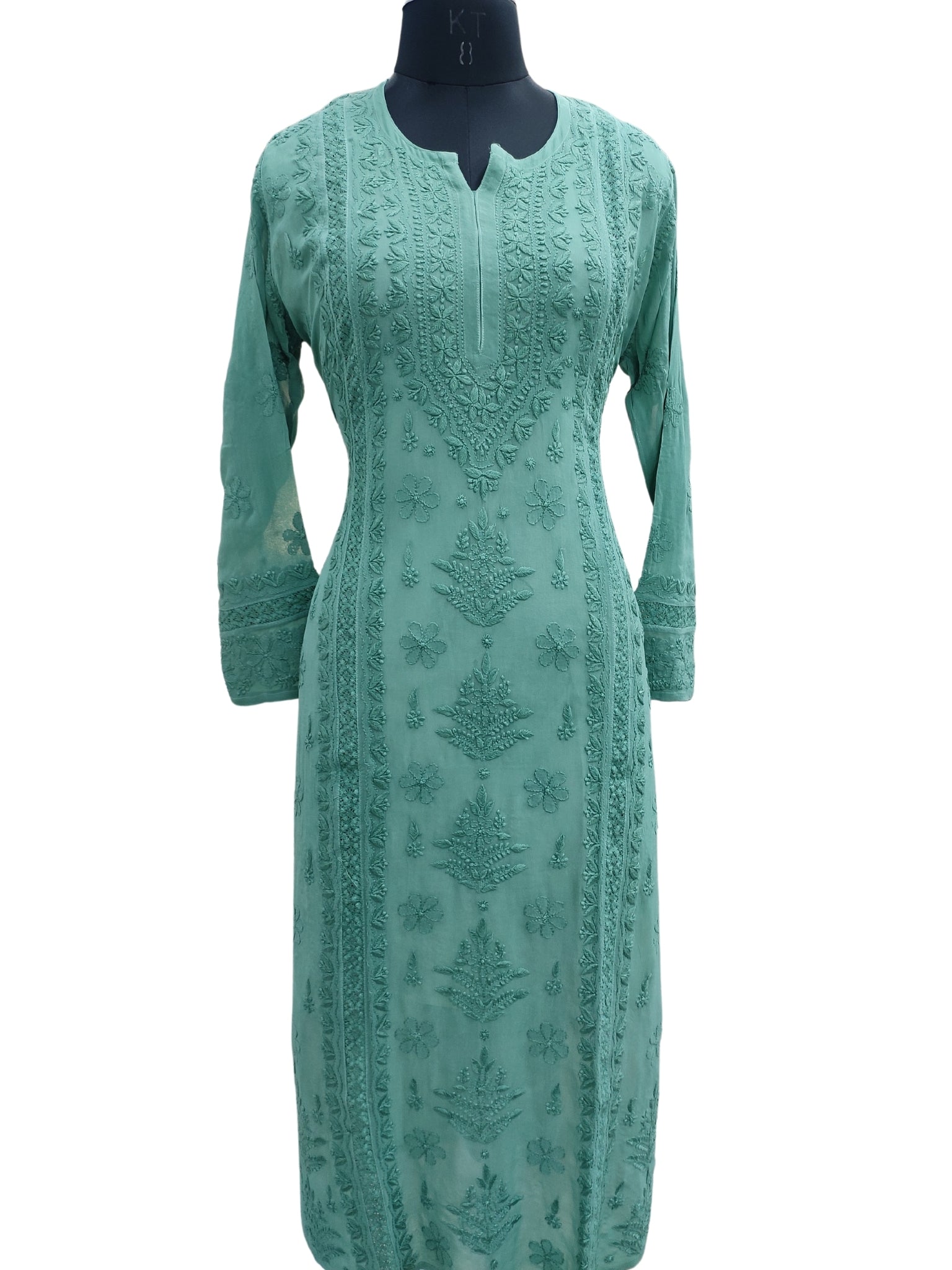 Shyamal Chikan Hand Embroidered Green Viscose Georgette Lucknowi Chikankari Kurti With Crosia Work  - 23865