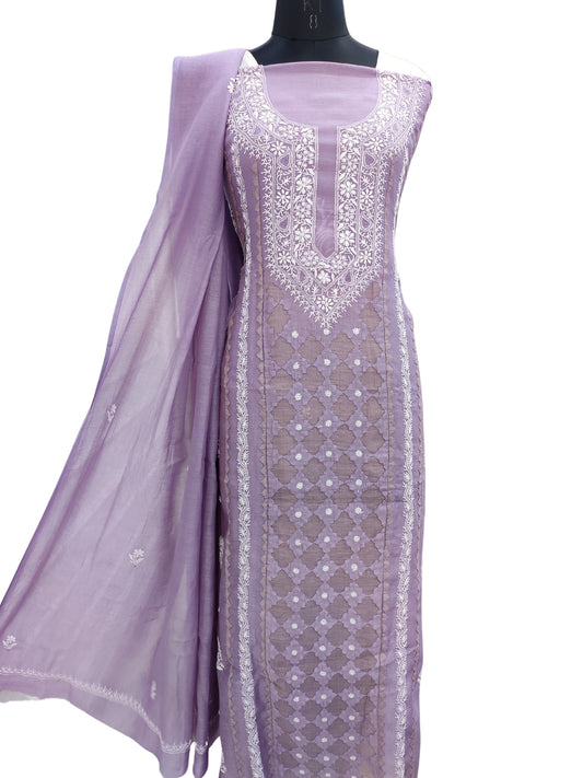 Shyamal Chikan Hand Embroidered Purple Mul Chanderi Lucknowi Chikankari Unstitched Suit Piece With Daraz Work (Kurta Dupatta Set) - S24346