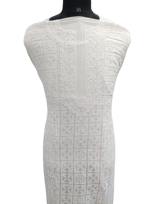 Shyamal Chikan Hand Embroidered White Mul Chanderi Lucknowi Chikankari Unstitched Men's Kurta Piece – S26489