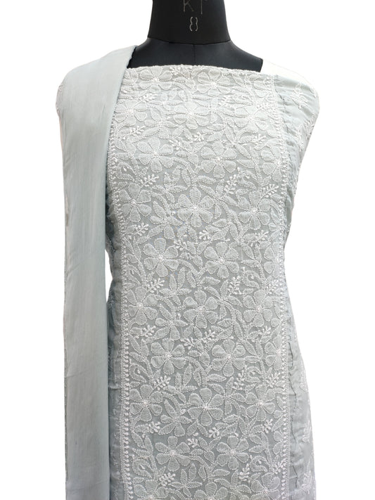 Shyamal Chikan Hand Embroidered Grey Cotton Lucknowi Chikankari Unstitched Suit Piece With Daraz Work- S22226