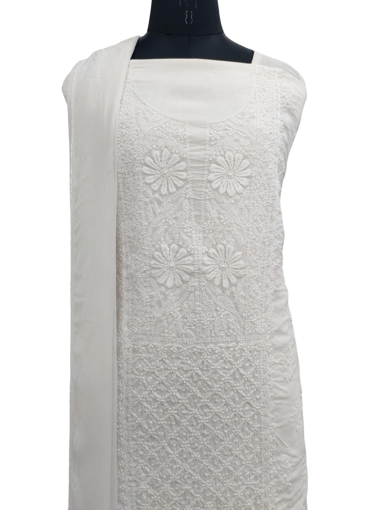 Shyamal Chikan Hand Embroidered White Cotton Lucknowi Chikankari Unstitched Suit Piece S22844