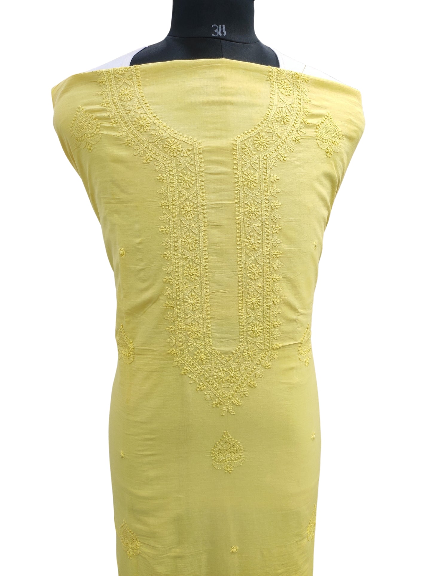 Shyamal Chikan Hand Embroidered Yellow Malmal Cotton Lucknowi Chikankari Unstitched Men's Kurta Piece With Jaali Work – S25148