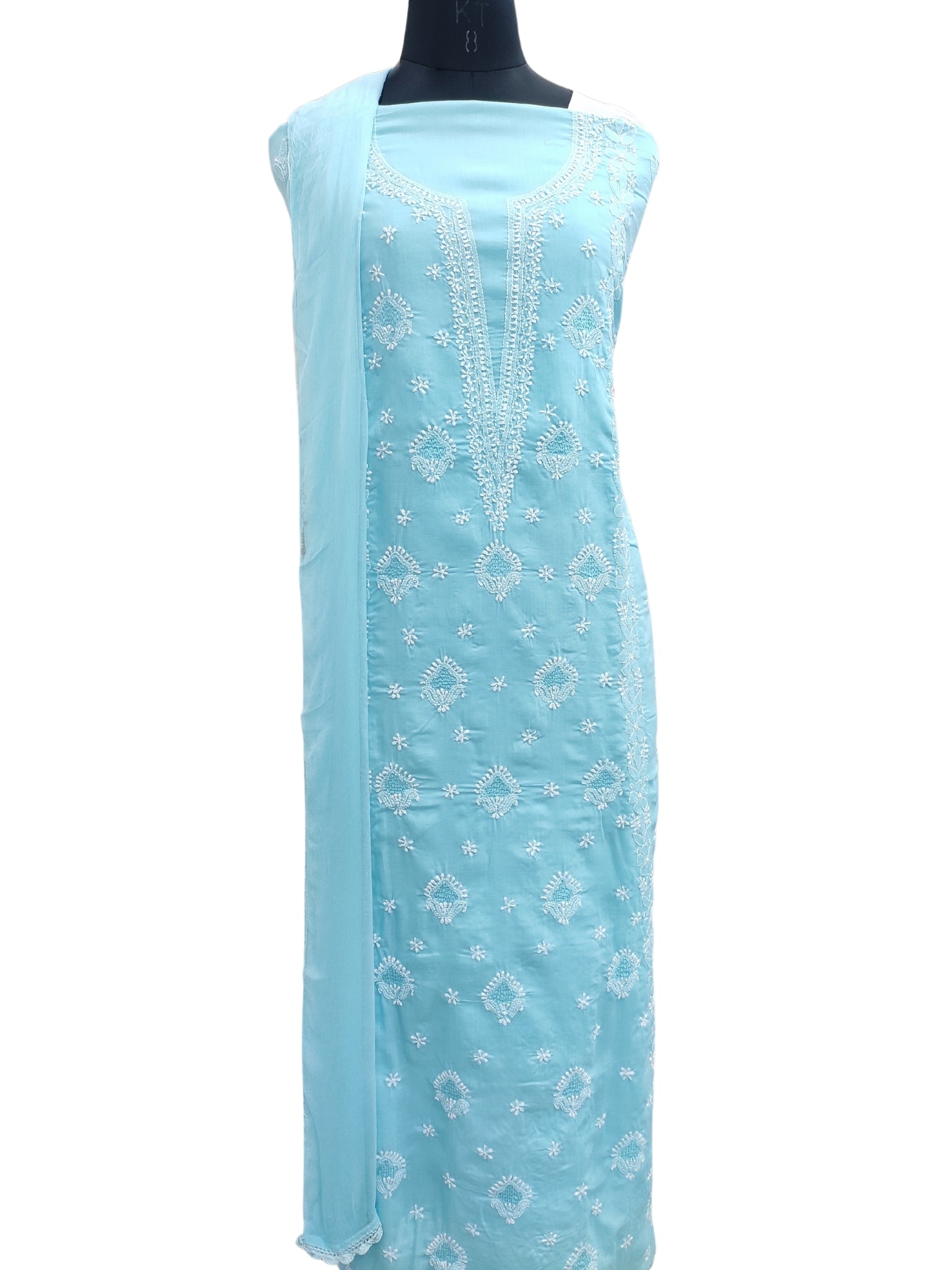 Shyamal Chikan Hand Embroidered Blue Cotton Lucknowi Chikankari Unstitched Suit Piece With Jaali Work - S25047