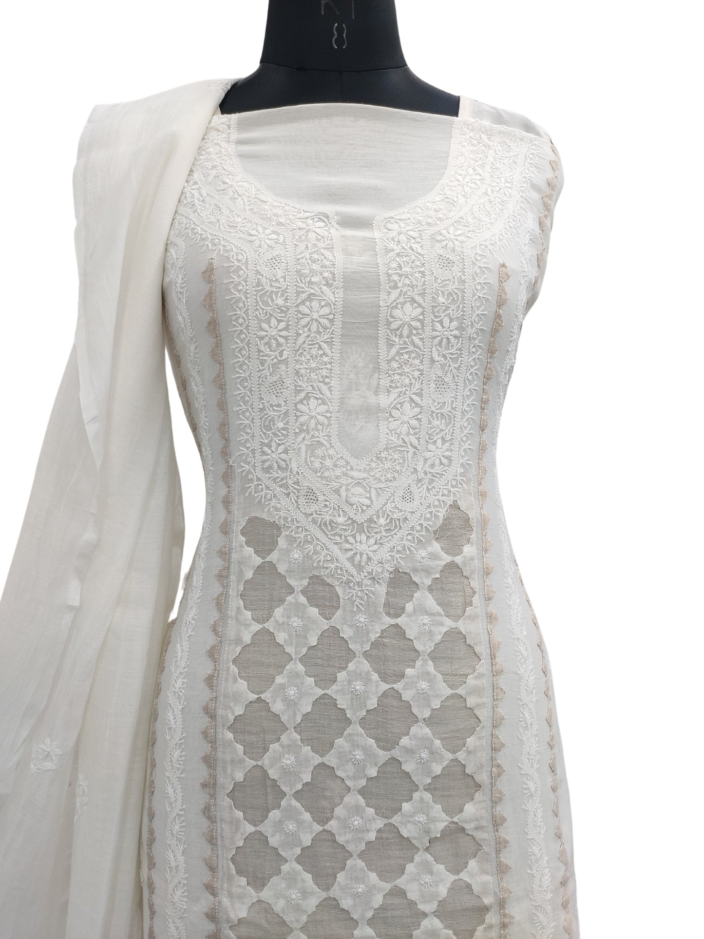 Shyamal Chikan Hand Embroidered White Mul Chanderi Lucknowi Chikankari Unstitched Suit Piece With Daraz Work (Kurta Dupatta Set) - S23980