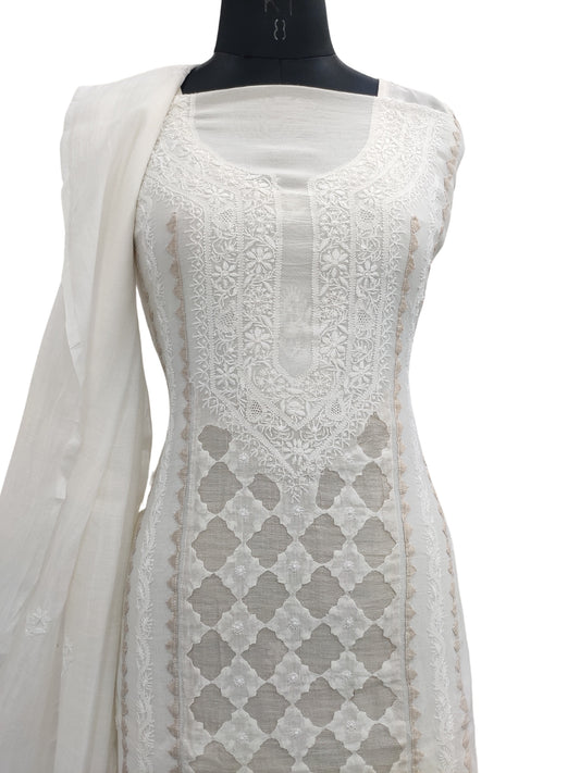 Shyamal Chikan Hand Embroidered White Mul Chanderi Lucknowi Chikankari Unstitched Suit Piece With Daraz Work (Kurta Dupatta Set) - S23980