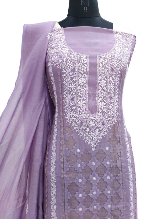 Shyamal Chikan Hand Embroidered Purple Mul Chanderi Lucknowi Chikankari Unstitched Suit Piece With Daraz Work (Kurta Dupatta Set) - S24346