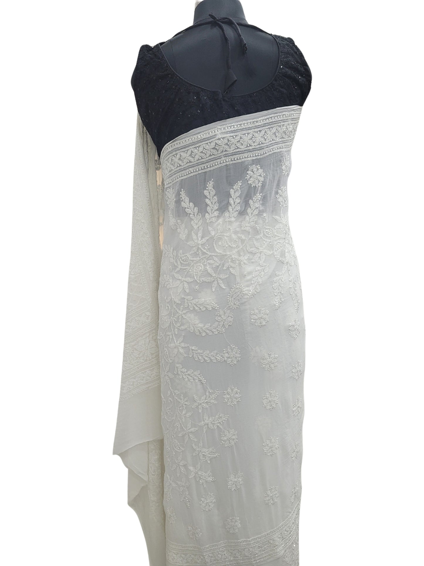 Shyamal Chikan Hand Embroidered White HQ Viscose Georgette Lucknowi Chikankari Saree With Blouse Piece With Cutdana Work- S25219