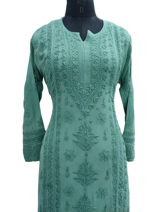 Shyamal Chikan Hand Embroidered Green Viscose Georgette Lucknowi Chikankari Kurti With Crosia Work  - 23865