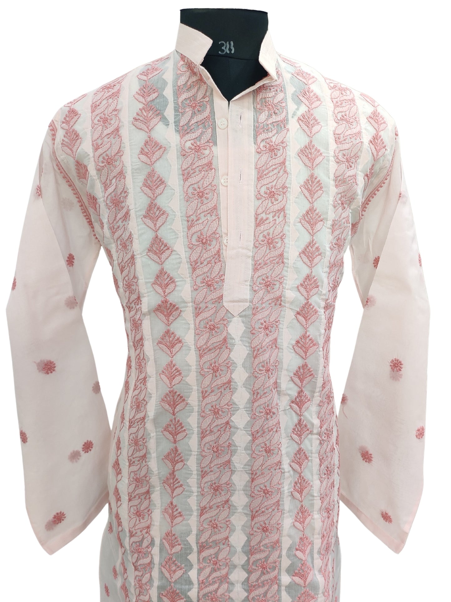 Shyamal Chikan Hand Embroidered Peach Cotton Lucknowi Chikankari Men's Kurta With Daraz Work S23454