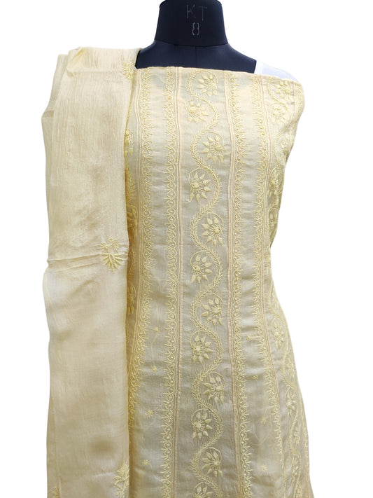 Shyamal Chikan Hand Embroidered Yellow Pure Tusser Silk Lucknowi Chikankari Semi-Stitched Anarkali - S22882