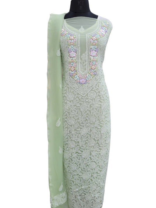 Shyamal Chikan Hand Embroidered Green Georgette Lucknowi Chikankari Unstitched Suit Piece With Parsi Work - S24390