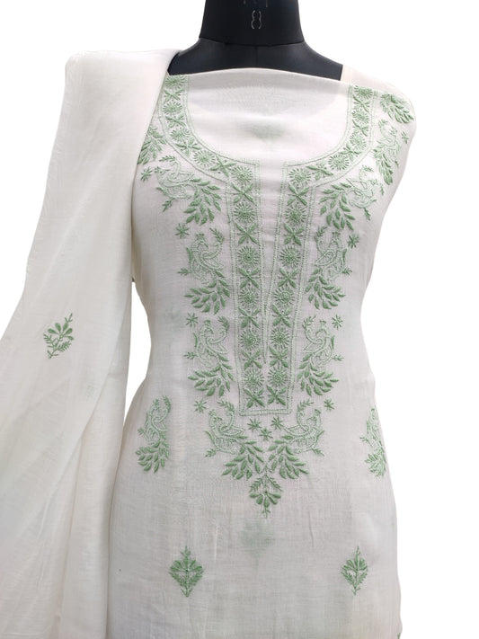 Shyamal Chikan Hand Embroidered White Mul Chanderi Lucknowi Chikankari Unstitched Suit Piece (Kurta Dupatta Set) - S21953