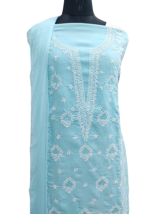 Shyamal Chikan Hand Embroidered Blue Cotton Lucknowi Chikankari Unstitched Suit Piece With Jaali Work - S25047