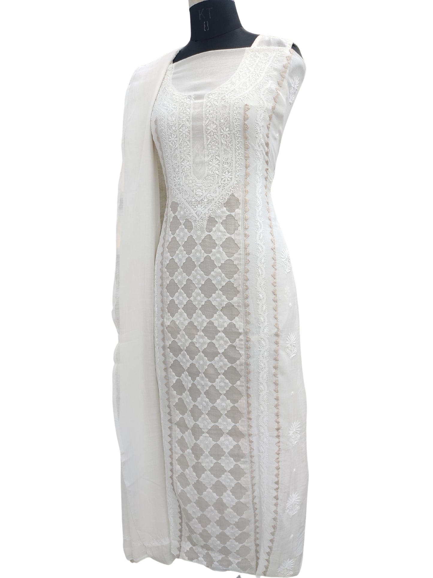 Shyamal Chikan Hand Embroidered White Mul Chanderi Lucknowi Chikankari Unstitched Suit Piece With Daraz Work (Kurta Dupatta Set) - S23980