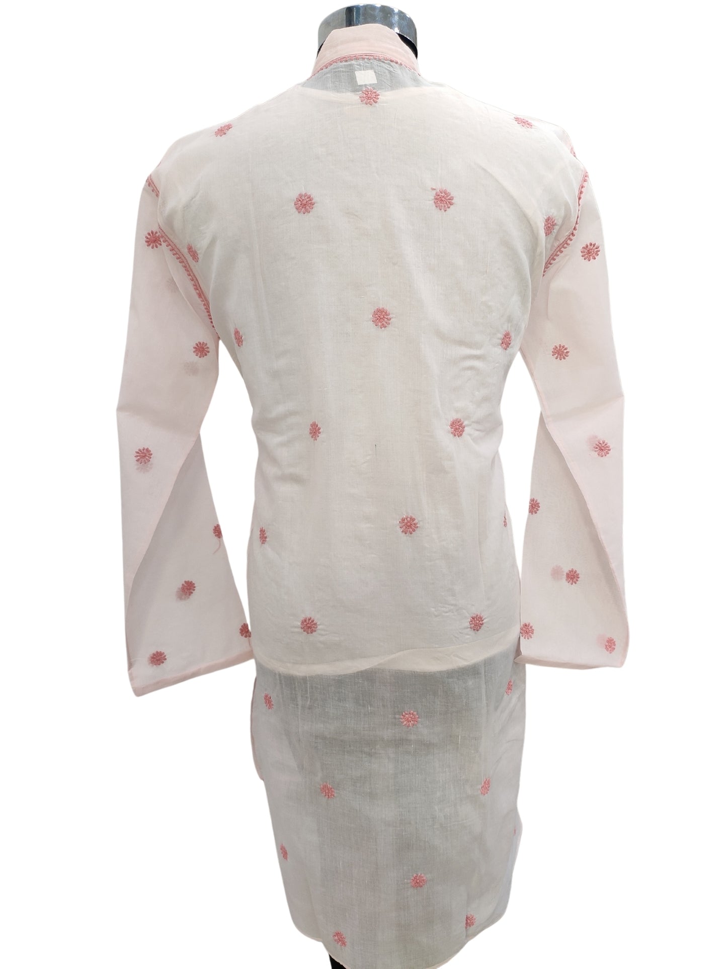 Shyamal Chikan Hand Embroidered Peach Cotton Lucknowi Chikankari Men's Kurta With Daraz Work S23454