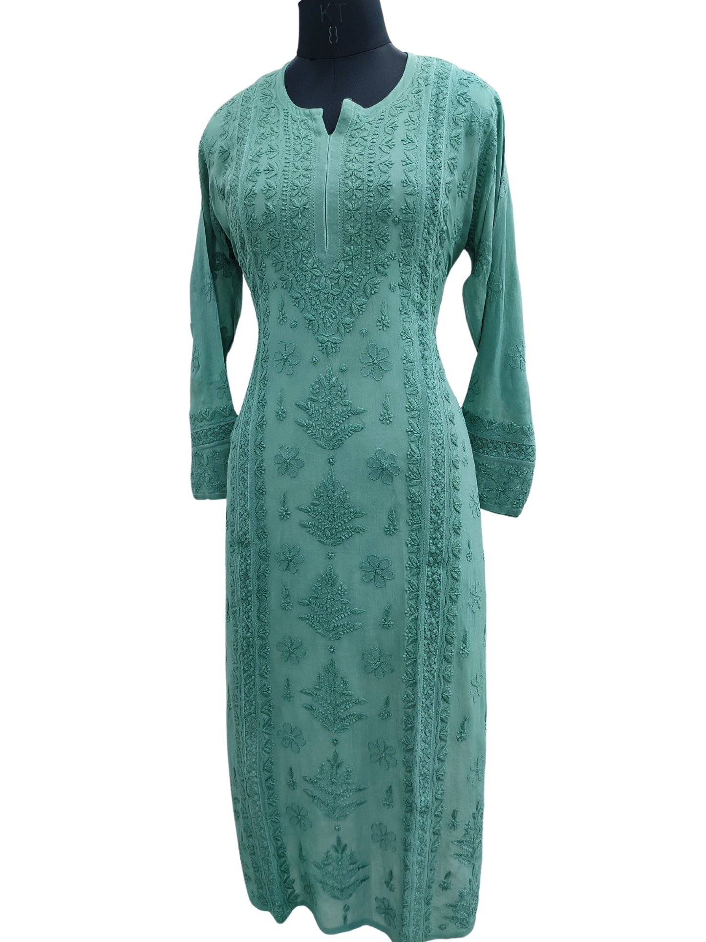 Shyamal Chikan Hand Embroidered Green Viscose Georgette Lucknowi Chikankari Kurti With Crosia Work  - 23865