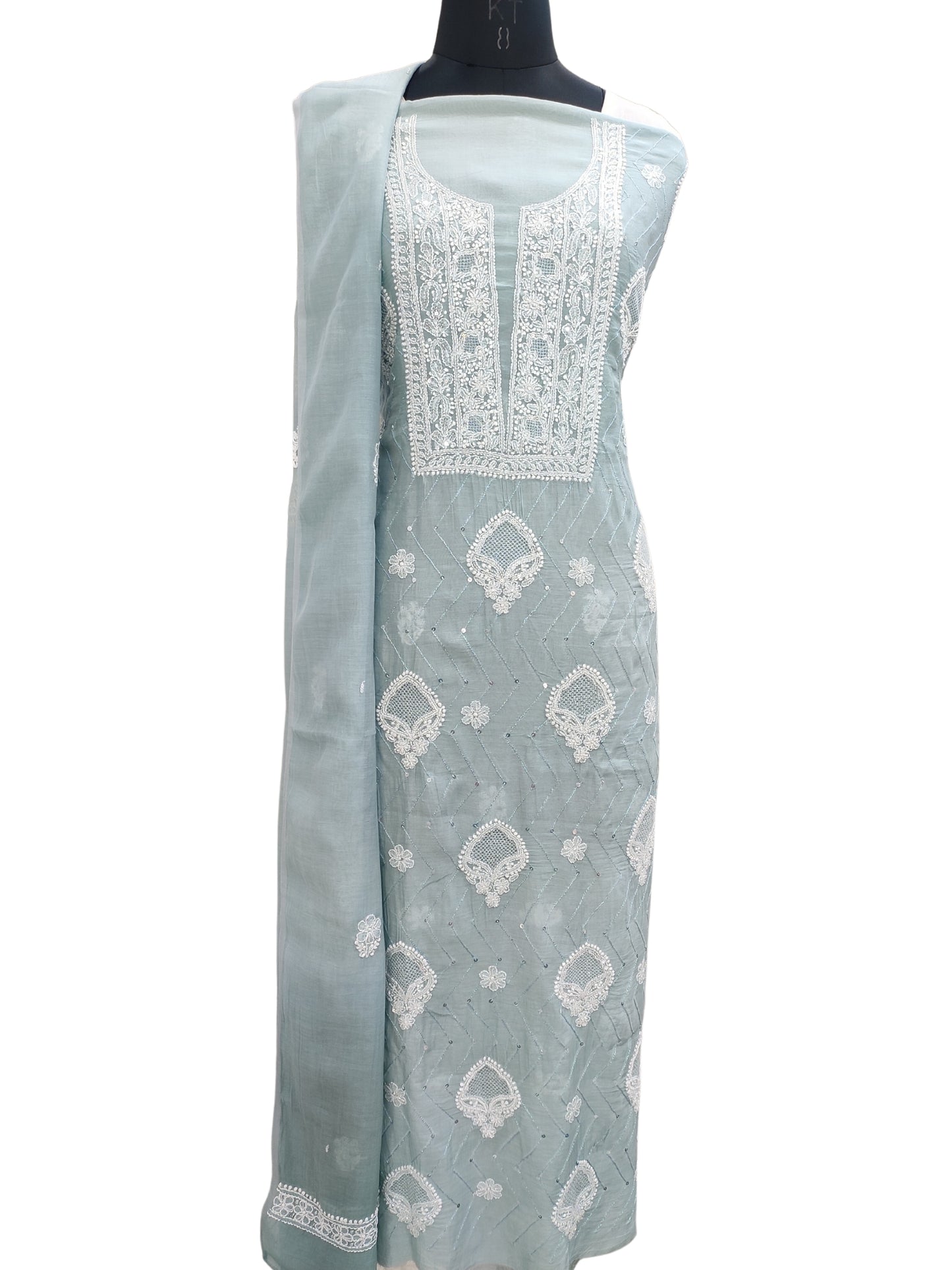 Shyamal Chikan Hand Embroidered Sea green Mul Chanderi Lucknowi Chikankari Unstitched Suit Piece with Pearl & Sequin Work (Set of 2) - S20713