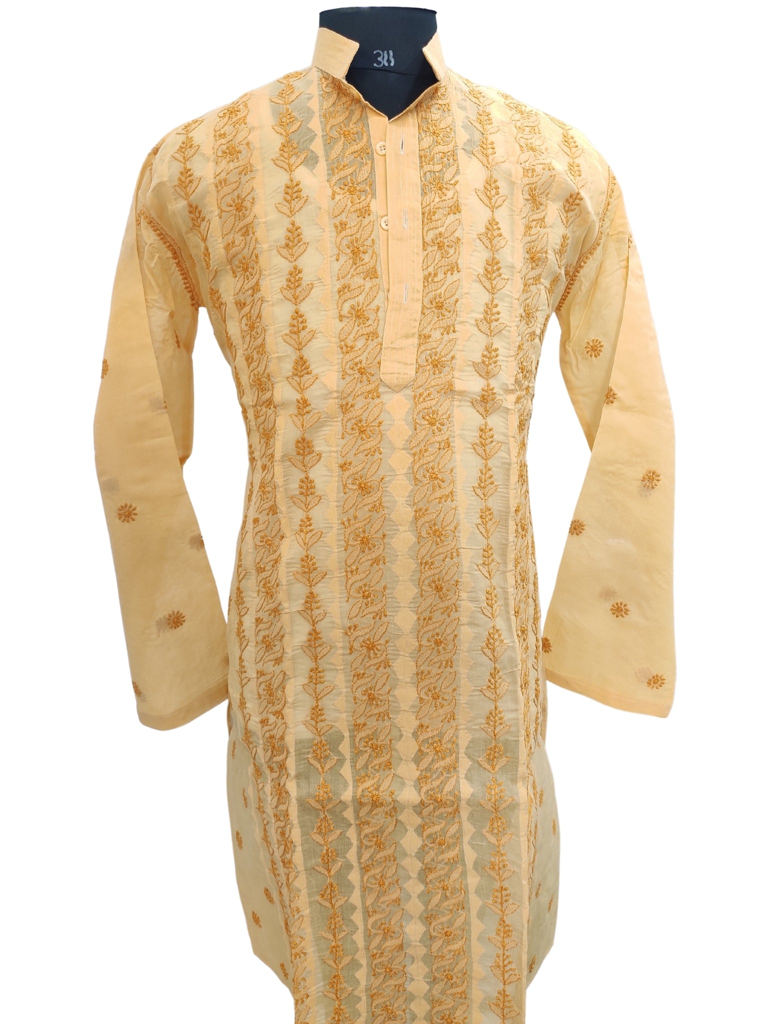 Shyamal Chikan Hand Embroidered Yellow Cotton Lucknowi Chikankari Men's Kurta With Daraz Work S23448