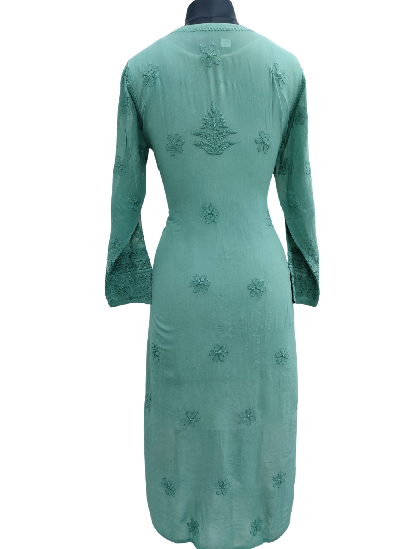 Shyamal Chikan Hand Embroidered Green Viscose Georgette Lucknowi Chikankari Kurti With Crosia Work  - 23865