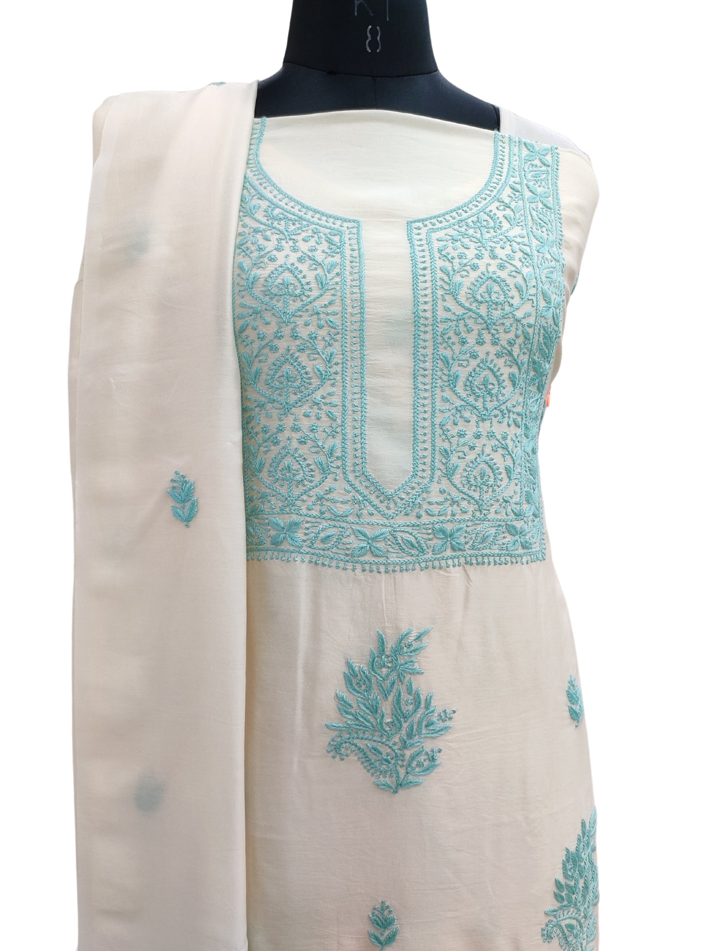 Shyamal Chikan Hand Embroidered Fawn Pure Chanderi Silk Lucknowi Chikankari Unstitched Suit Piece ( Kurta Dupatta Set ) - S17892
