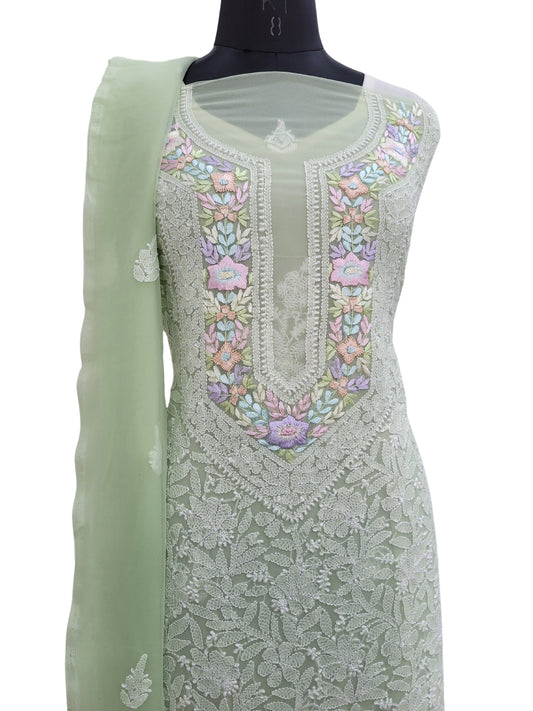 Shyamal Chikan Hand Embroidered Green Georgette Lucknowi Chikankari Unstitched Suit Piece With Parsi Work - S24390