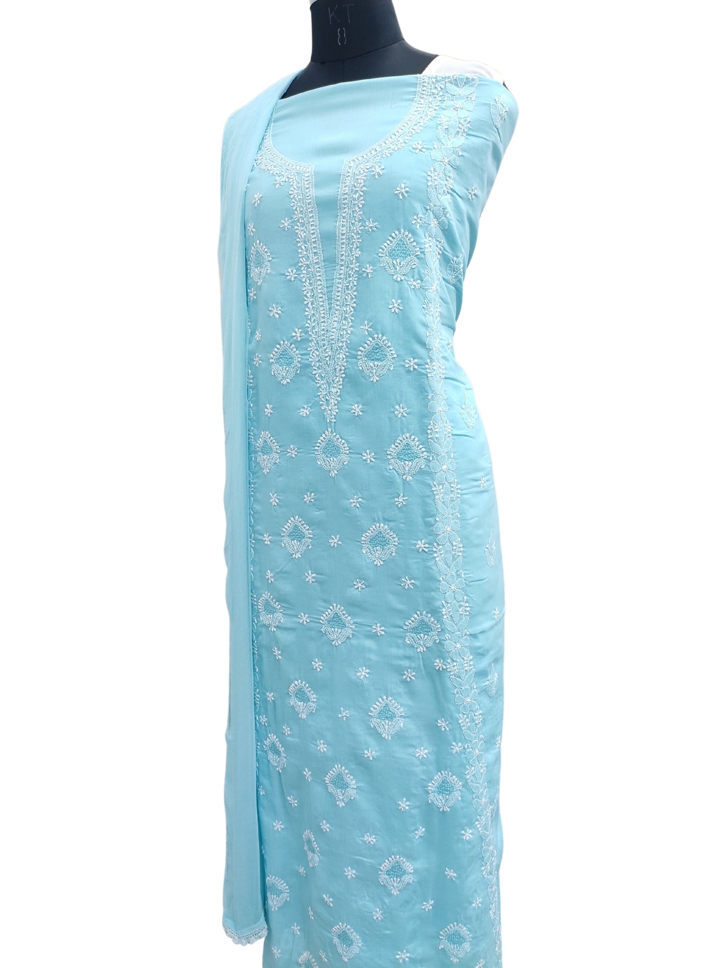 Shyamal Chikan Hand Embroidered Blue Cotton Lucknowi Chikankari Unstitched Suit Piece With Jaali Work - S25047