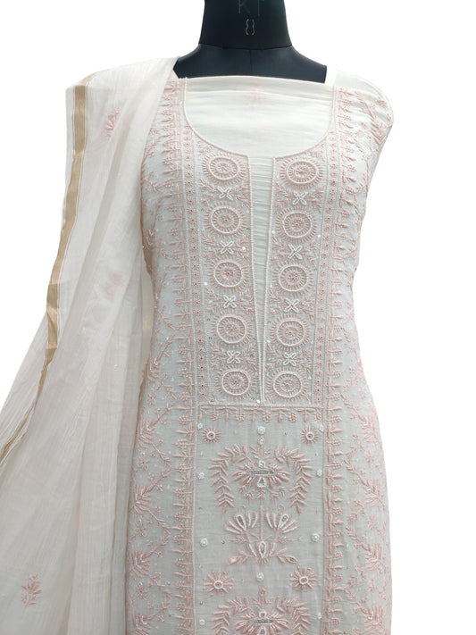 Shyamal Chikan Hand Embroidered White Mul Chanderi Lucknowi Chikankari Unstitched Suit Piece with Cutdana & Sequin Work (Kurta Dupatta Set) 23884