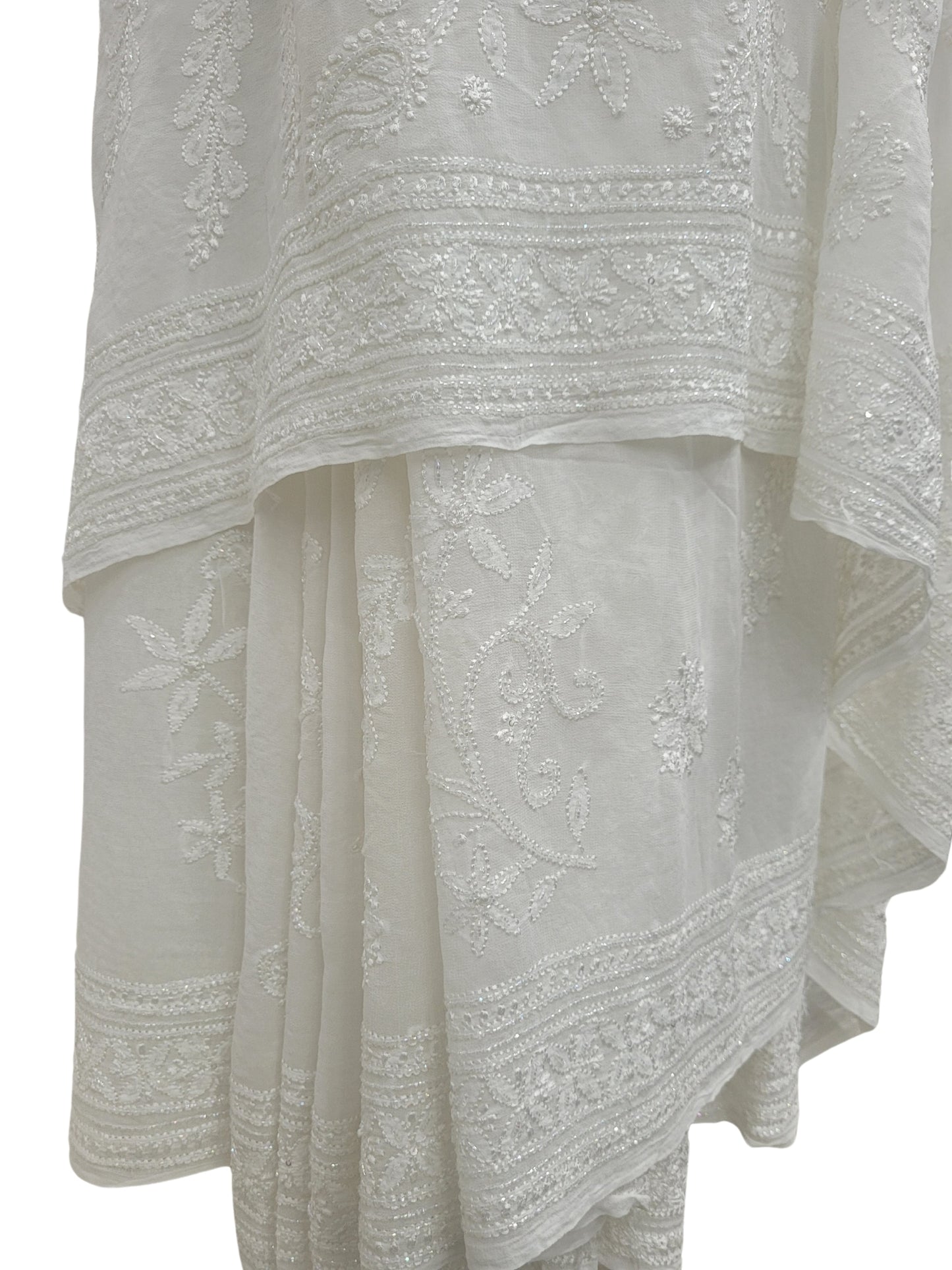 Shyamal Chikan Hand Embroidered White HQ Viscose Georgette Lucknowi Chikankari Saree With Blouse Piece With Cutdana Work- S25219