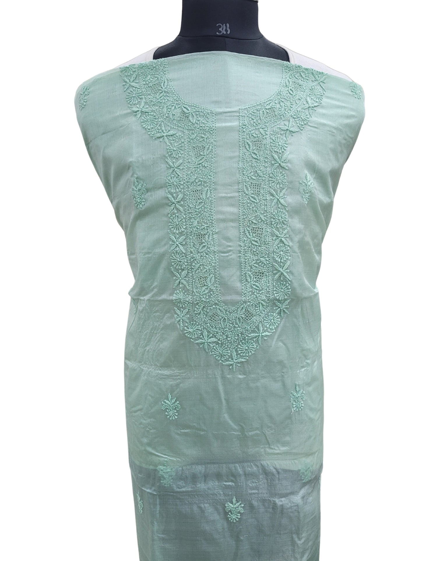 Shyamal Chikan Hand Embroidered Sea Green Pure Tusser Silk Lucknowi Chikankari Unstitched Men's Kurta Piece – S24561