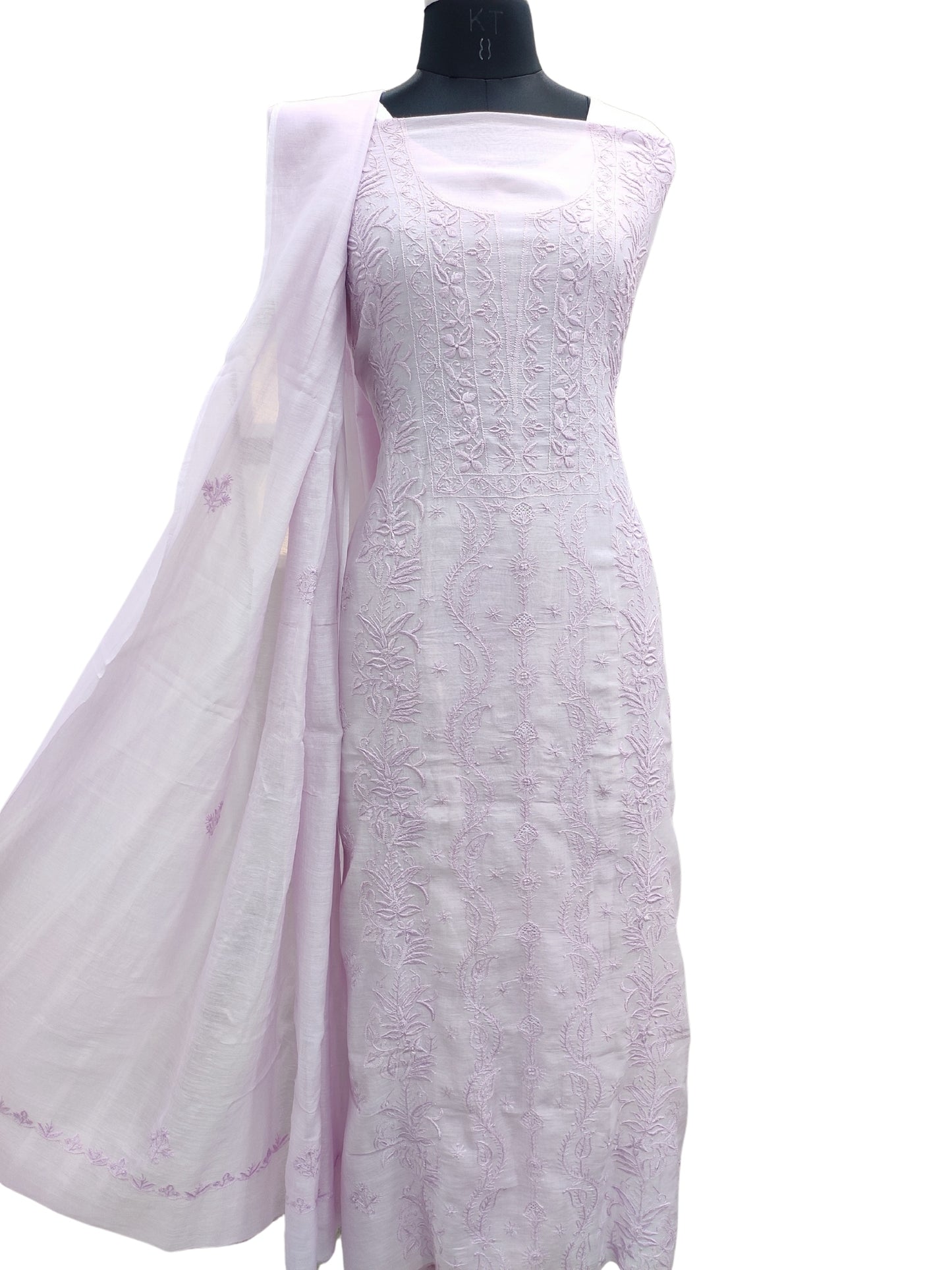 Shyamal Chikan Hand Embroidered Purple Mul Chanderi Lucknowi Chikankari Unstitched Suit Piece (Kurta Dupatta Set) - S23741