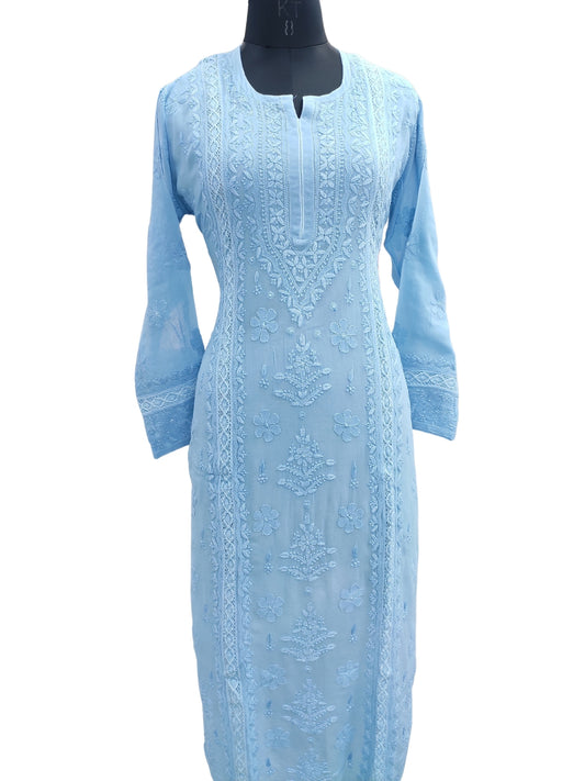 Shyamal Chikan Hand Embroidered Blue Viscose Georgette Lucknowi Chikankari Kurti With Crosia Work  - 23852