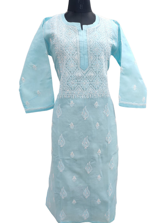 Shyamal Chikan Hand Embroidered Blue Cotton Lucknowi Chikankari Kurti- 24078