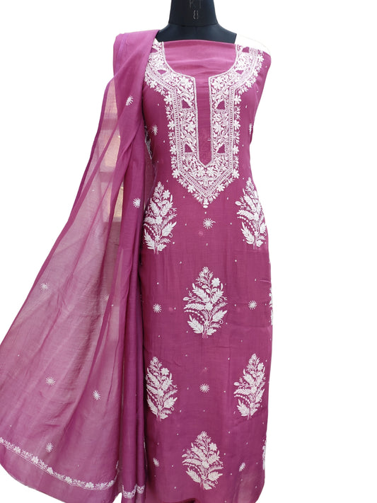 Shyamal Chikan Hand Embroidered Magenta Mul Chanderi Lucknowi Chikankari Unstitched Suit Piece with Cutdana & Sequin Work (Kurta Dupatta Set) - S24424