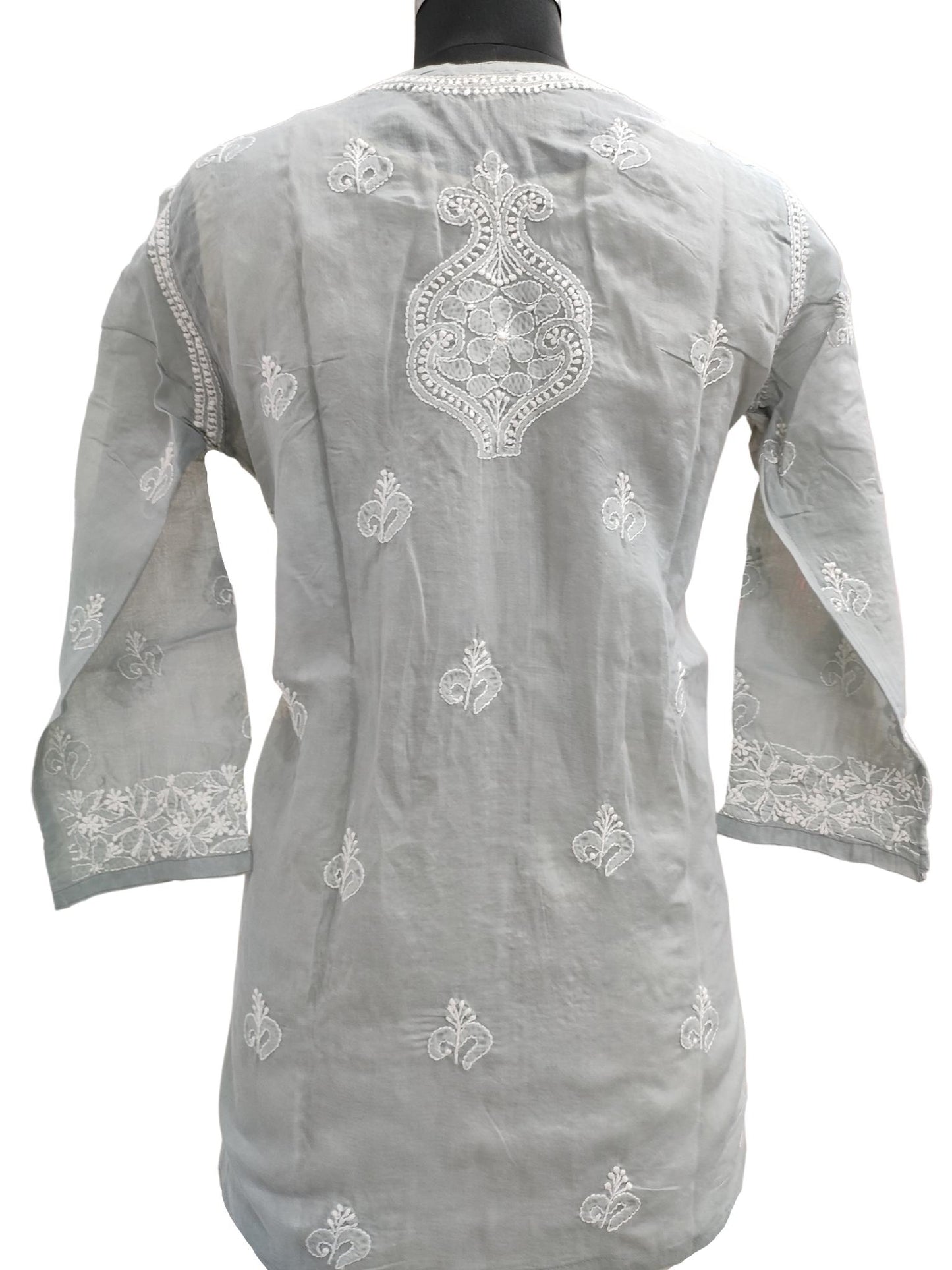 Shyamal Chikan Hand Embroidered Grey Cotton Lucknowi Chikankari Short Top With Jaali Work - S15677