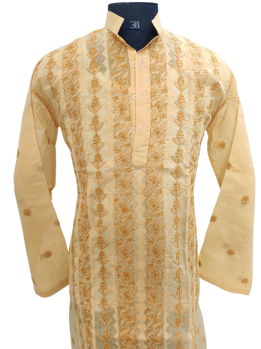 Shyamal Chikan Hand Embroidered Yellow Cotton Lucknowi Chikankari Men's Kurta With Daraz Work S23448