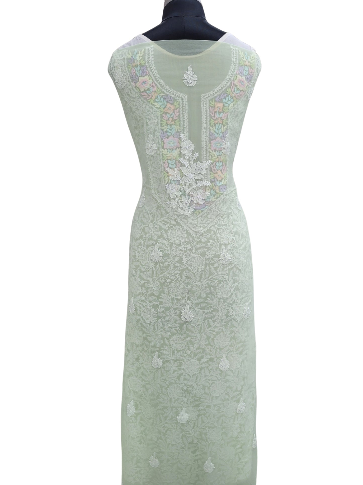 Shyamal Chikan Hand Embroidered Green Georgette Lucknowi Chikankari Unstitched Suit Piece With Parsi Work - S24390