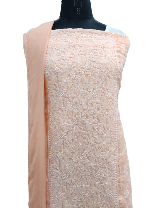 Shyamal Chikan Hand Embroidered Peach Cotton Lucknowi Chikankari Unstitched Suit Piece With Daraz Work- S22228