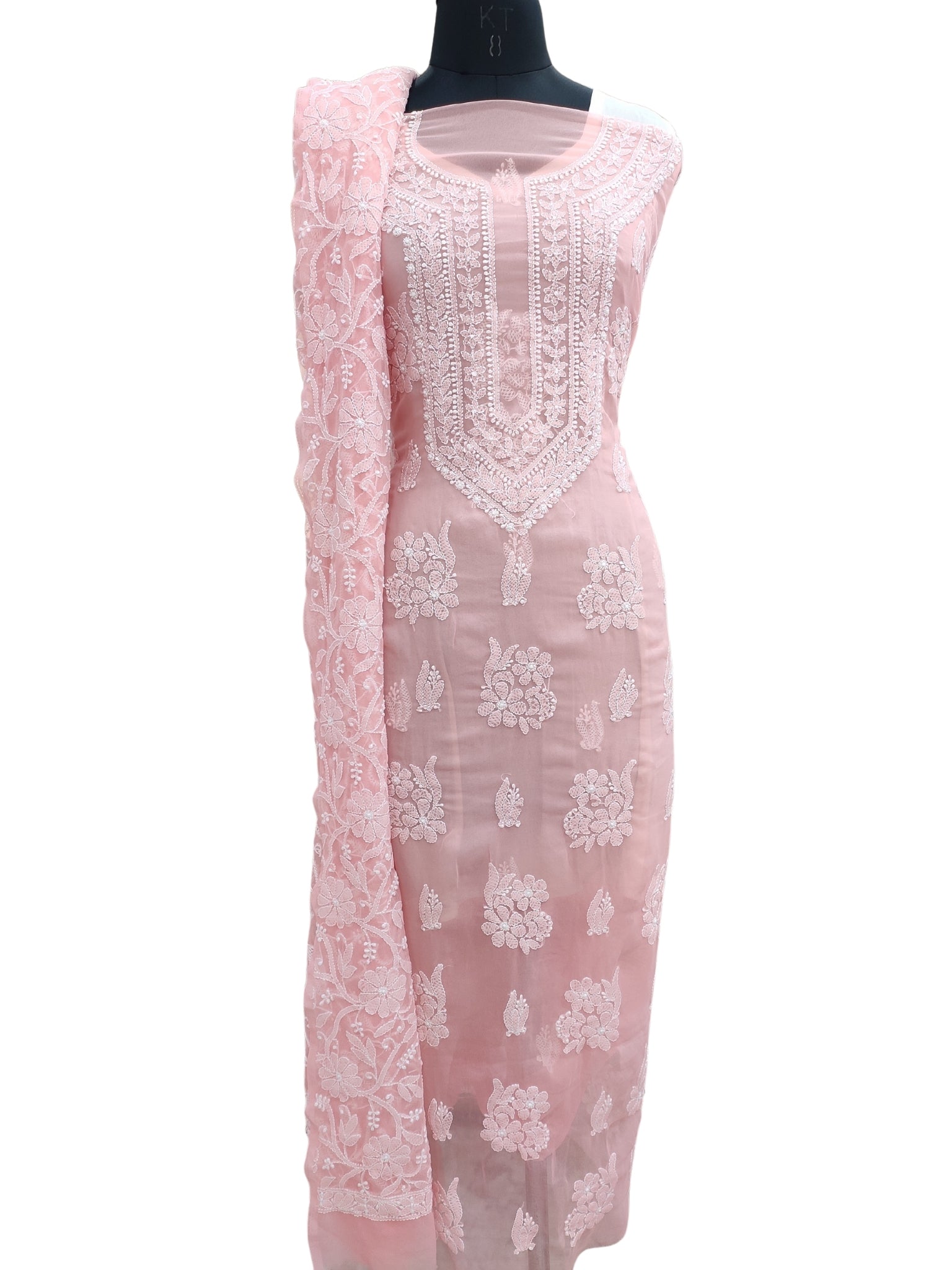 Shyamal Chikan Hand Embroidered Peach Georgette Lucknowi Chikankari Unstitched Suit Piece With Heavy Dupatta - S24365