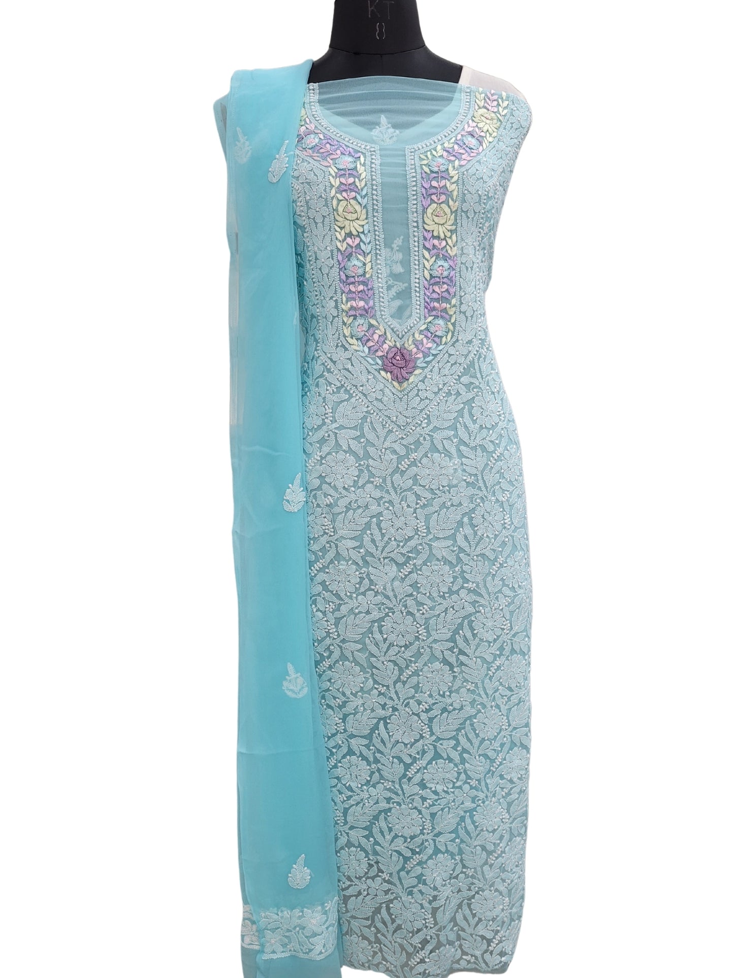 Shyamal Chikan Hand Embroidered Blue Georgette Lucknowi Chikankari Unstitched Suit Piece With Parsi Work - S24391