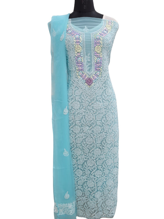 Shyamal Chikan Hand Embroidered Blue Georgette Lucknowi Chikankari Unstitched Suit Piece With Parsi Work - S24391